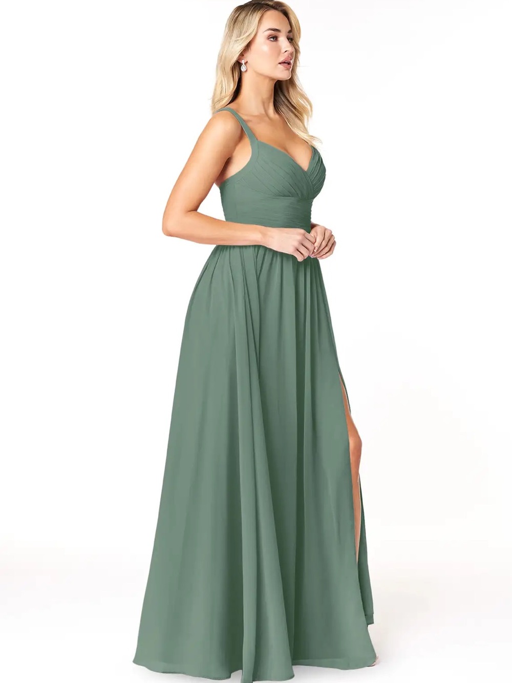 Azazie Chanel Chiffon Dress In Eucalyptus Sz A14 NWT $119 - Picture 4 of 12